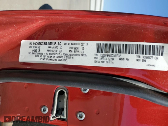 2013 Dodge Dart SXT with VIN 1C3CDFBA8DD181832, listed as a Copart auction lot 60302065 with 125,527 mi miles and Salvage title. Bid and sale history available at DreamBid. Image 12.