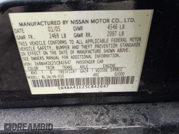 2005 Nissan Maxima SL with VIN 1N4BA41E25C842647, listed as a IAAI auction lot 41851824 with Not provided miles and . Bid and sale history available at DreamBid. Image 9.