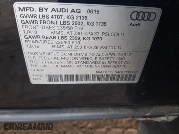 2016 Audi Q3 Premium Plus with VIN WA1BFCFS4GR003310, listed as a Copart auction lot 50136623 with 116,849 mi miles. Bid and sale history available at carsss.com. Image 12.
