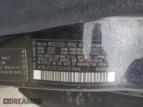 1997 Mercedes-Benz E-Class with VIN WDBJF20F3VA351844, listed as a Copart auction lot 44768675 with 259,549 mi miles and Salvage Title. Bid and sale history available at carsss.com. Image 15.