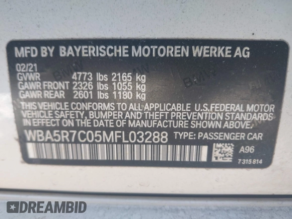 2021 BMW 3 Series 330i xDrive with VIN WBA5R7C05MFL03288, listed as a IAAI auction lot 41492559 with 47,170 mi miles and . Bid and sale history available at DreamBid. Image 9.
