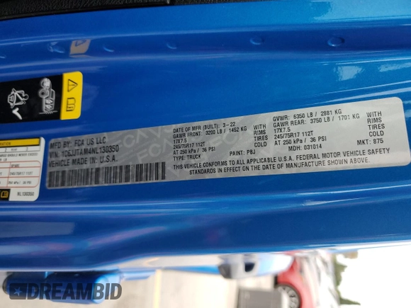 2022 Jeep Gladiator Willys with VIN 1C6JJTAM4NL130350, listed as a Copart auction lot 65083755 with 51,880 mi miles and Salvage title. Bid and sale history available at DreamBid. Image 12.