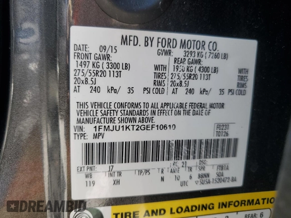 2016 Ford Expedition Limited with VIN 1FMJU1KT2GEF10610, listed as a Copart auction lot 54001595 with 113,285 mi miles and Salvage title. Bid and sale history available at DreamBid. Image 13.