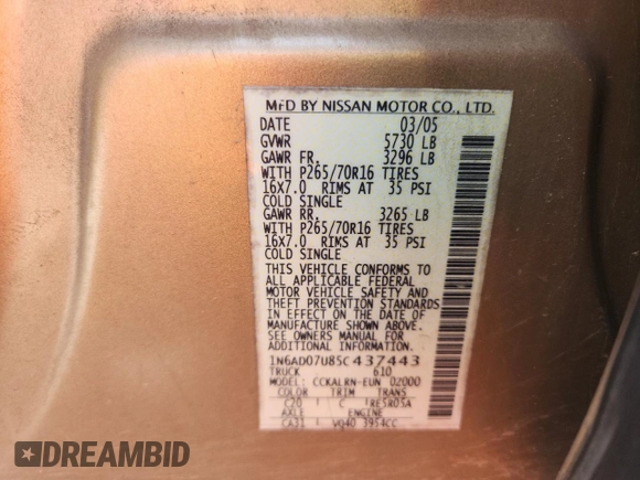 2005 Nissan Frontier LE with VIN 1N6AD07U85C437443, listed as a Copart auction lot 63323025 with 229,871 mi miles and Non repairable. Bid and sale history available at DreamBid. Image 12.