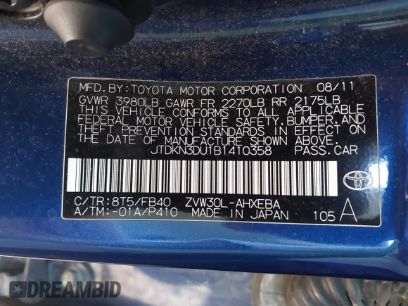 2011 Toyota Prius I with VIN JTDKN3DU1B1410358, listed as a IAAI auction lot 42244411 with 178,955 mi miles and . Bid and sale history available at DreamBid. Image 9.