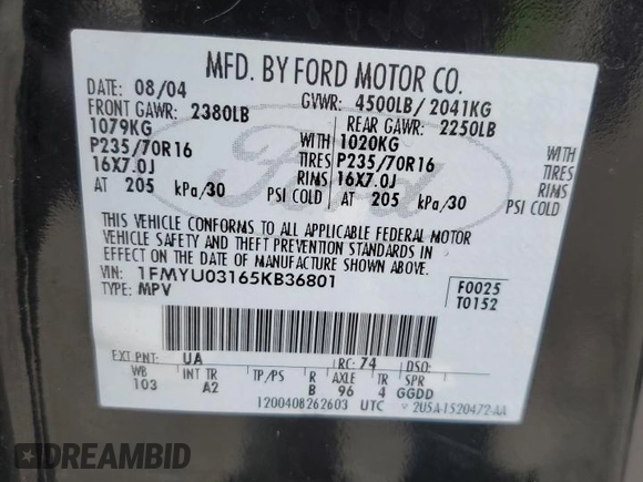 2005 Ford Escape XLT with VIN 1FMYU03165KB36801, listed as a Copart auction lot 61978705 with 217,658 mi miles and Salvage title. Bid and sale history available at DreamBid. Image 14.