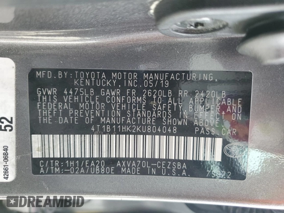 2019 Toyota Camry LE with VIN 4T1B11HK2KU804048, listed as a Copart auction lot 49124945 with 57,710 mi miles and Salvage Title. Bid and sale history available at carsss.com. Image 12.