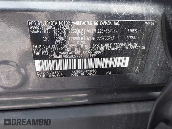 2019 Toyota RAV4 Hybrid XLE with VIN 2T3RWRFV0KW027727, listed as a IAAI auction lot 41881450 with 20,568 mi miles. Bid and sale history available at carsss.com. Image 9.