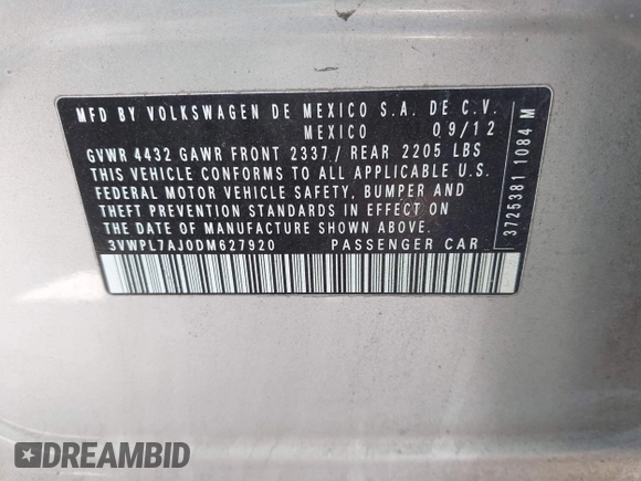2013 Volkswagen Jetta TDI w/Sunroof & Nav with VIN 3VWPL7AJ0DM627920, listed as a IAAI auction lot 42629396 with 138,741 mi miles and . Bid and sale history available at DreamBid. Image 9.