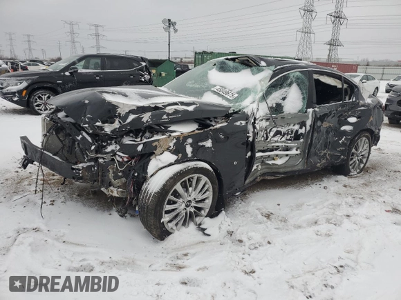 2019 Infiniti Q50 3.0t LUXE with VIN JN1EV7AR1KM590110, listed as a Copart auction lot 45049675 with 0 mi miles and Salvage Title. Bid and sale history available at carsss.com. Image 1.