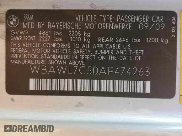 2010 BMW 3 Series 335i with VIN WBAWL7C50AP474263, listed as a Copart auction lot 79832664 with 129,955 mi miles and Salvage Title. Bid and sale history available at carsss.com. Image 12.