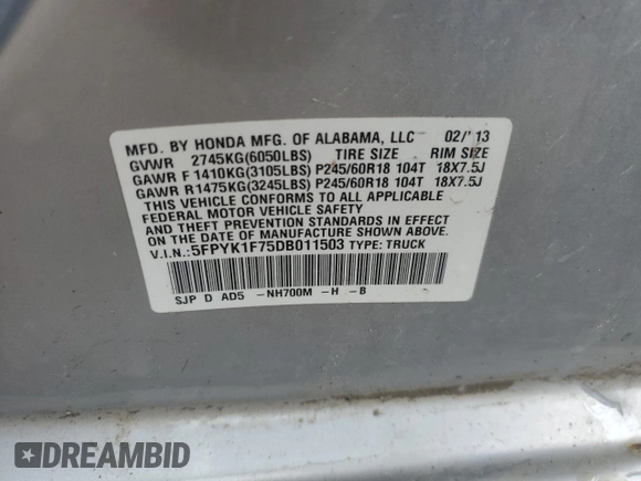 2013 Honda Ridgeline Sport z VIN 5FPYK1F75DB011503, wystawiony jako Copart lot #62094665 z przebiegiem Nie podano mil oraz Szkoda całkowita • Salvage title. Historia ofert i sprzedaży dostępna na DreamBid. Obrazek 12.