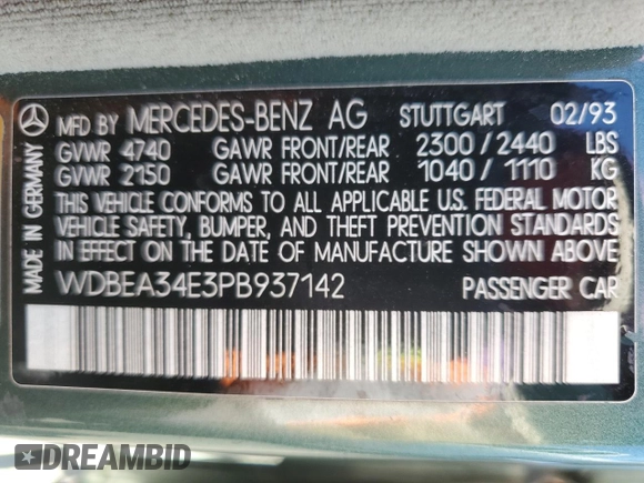 1993 Mercedes-Benz 400 E z VIN WDBEA34E3PB937142, wystawiony jako Copart lot #50444585 z przebiegiem 275 929 mil mil oraz Czysty tytuł • Clean title. Historia ofert i sprzedaży dostępna na DreamBid. Obrazek 12.