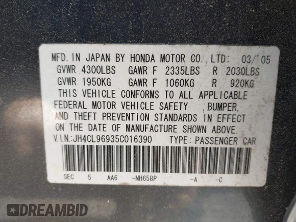 2005 Acura TSX with VIN JH4CL96935C016390, listed as a IAAI auction lot 42296236 with 125,033 mi miles and . Bid and sale history available at DreamBid. Image 9.