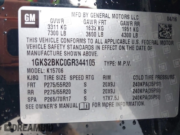 2016 GMC Yukon SLT with VIN 1GKS2BKC0GR344105, listed as a IAAI auction lot 41567238 with 170,999 mi miles and . Bid and sale history available at DreamBid. Image 9.