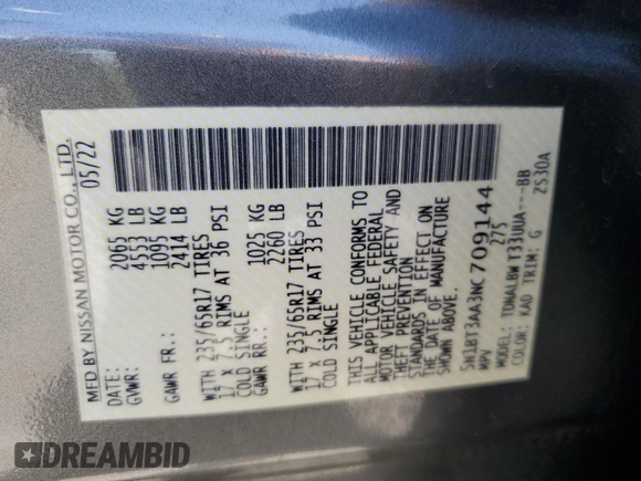 2022 Nissan Rogue S with VIN 5N1BT3AA3NC709144, listed as a Copart auction lot 56034605 with 56,104 mi miles and Salvage title. Bid and sale history available at DreamBid. Image 13.