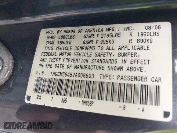 2007 Honda Accord LX with VIN 1HGCM56457A006603, listed as a IAAI auction lot 41960839 with 391,598 mi miles and . Bid and sale history available at DreamBid. Image 9.