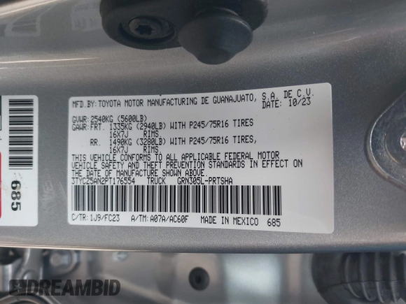 2023 Toyota Tacoma SR with VIN 3TYCZ5AN2PT176554, listed as a IAAI auction lot 42148651 with 15,255 mi miles and . Bid and sale history available at DreamBid. Image 9.