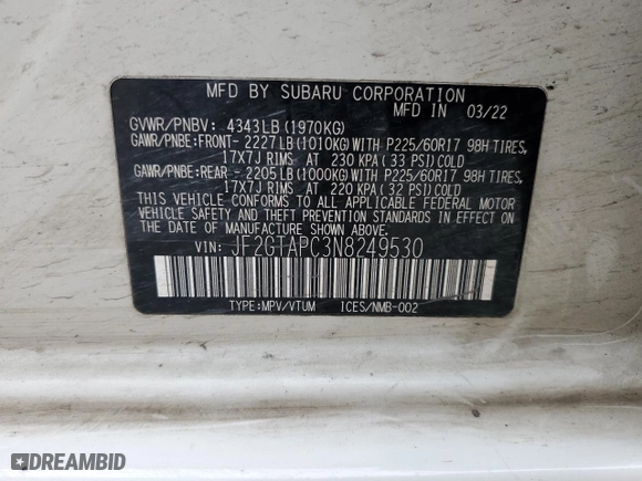 2022 Subaru Crosstrek Premium with VIN JF2GTAPC3N8249530, listed as a Copart auction lot 88675955 with 63,336 mi miles and Salvage Title. Bid and sale history available at carsss.com. Image 13.