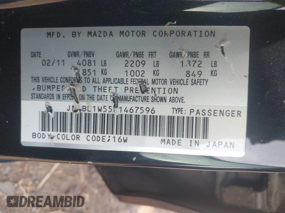 2011 Mazda 3 S Grand Touring with VIN JM1BL1W55B1467596, listed as a IAAI auction lot 41472876 with 172,013 mi miles and . Bid and sale history available at DreamBid. Image 9.