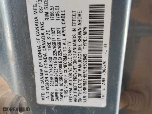 2014 Honda CR-V EX with VIN 2HKRM3H57EH502849, listed as a Copart auction lot 82235284 with 121,726 mi miles and Salvage Title. Bid and sale history available at carsss.com. Image 13.