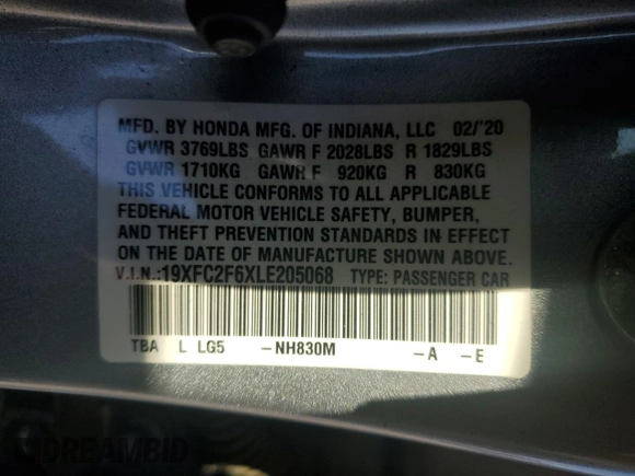 2020 Honda Civic LX with VIN 19XFC2F6XLE205068, listed as a Copart auction lot 46477215 with 58,296 mi miles and Salvage Title. Bid and sale history available at DreamBid. Image 14.