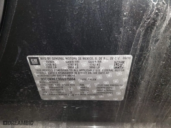 2016 Chevrolet Silverado 1500 LT with VIN 3GCUKREC3GG375664, listed as a IAAI auction lot 41377456 with 198,439 mi miles. Bid and sale history available at carsss.com. Image 9.