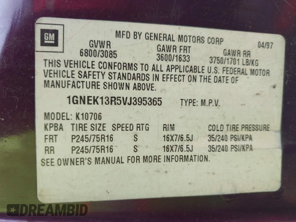 1997 Chevrolet Tahoe z VIN 1GNEK13R5VJ395365, wystawiony jako IAAI lot #42015206 z przebiegiem 121 086 mil mil oraz . Historia ofert i sprzedaży dostępna na DreamBid. Obrazek 9.
