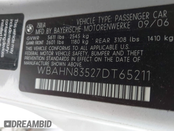 2007 BMW 7 Series 750Li with VIN WBAHN83527DT65211, listed as a IAAI auction lot 41854599 with Not Provided miles. Bid and sale history available at carsss.com. Image 9.