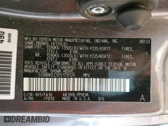 2023 Toyota Sienna LE with VIN 5TDBRKEC5PS179124, listed as a Copart auction lot 49717115 with Not provided miles and Salvage title. Bid and sale history available at DreamBid. Image 13.