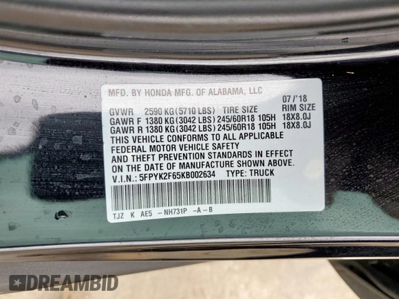 2019 Honda Ridgeline RTL-T with VIN 5FPYK2F65KB002634, listed as a Copart auction lot 47598885 with 65,550 mi miles and Salvage title. Bid and sale history available at DreamBid. Image 13.