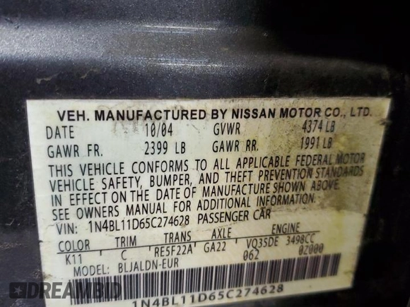 2005 Nissan Altima SL with VIN 1N4BL11D65C274628, listed as a Copart auction lot 87037744 with 170,218 mi miles and Salvage title. Bid and sale history available at DreamBid. Image 14.