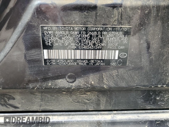 2011 Lexus ES 330 with VIN JTHBK1EG4B2431249, listed as a Copart auction lot 53578855 with 126,565 mi miles and Salvage Title. Bid and sale history available at DreamBid. Image 12.