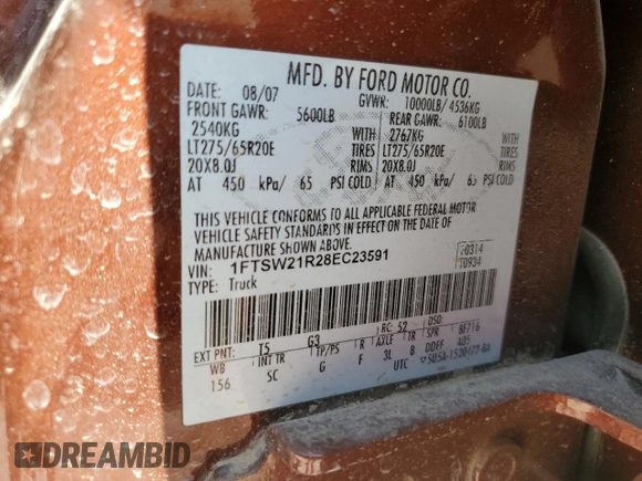 2008 Ford F-250 XL with VIN 1FTSW21R28EC23591, listed as a Copart auction lot 52433965 with 119,669 mi miles and Salvage title. Bid and sale history available at DreamBid. Image 12.