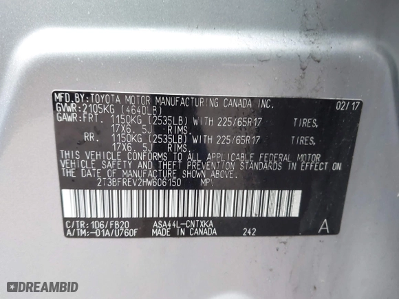 2017 Toyota RAV4 LE with VIN 2T3BFREV2HW606150, listed as a IAAI auction lot 41920249 with 97,746 mi miles. Bid and sale history available at carsss.com. Image 9.