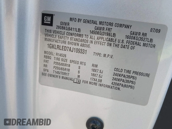 2010 GMC Acadia SLE with VIN 1GKLRLED7AJ109331, listed as a IAAI auction lot 42102189 with 158,125 mi miles and . Bid and sale history available at DreamBid. Image 9.