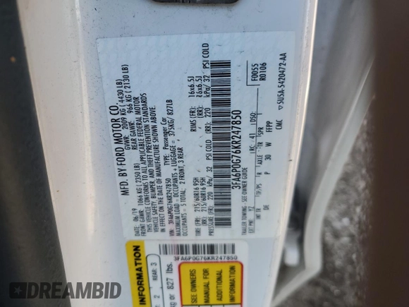 2019 Ford Fusion S with VIN 3FA6P0G76KR247850, listed as a Copart auction lot 49041185 with 189,591 mi miles and Salvage Title. Bid and sale history available at DreamBid. Image 14.