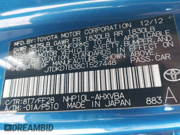 2012 Toyota Prius One z VIN JTDKDTB38C1527448, wystawiony jako IAAI lot #42070550 z przebiegiem Nie podano mil oraz . Historia ofert i sprzedaży dostępna na DreamBid. Obrazek 9.
