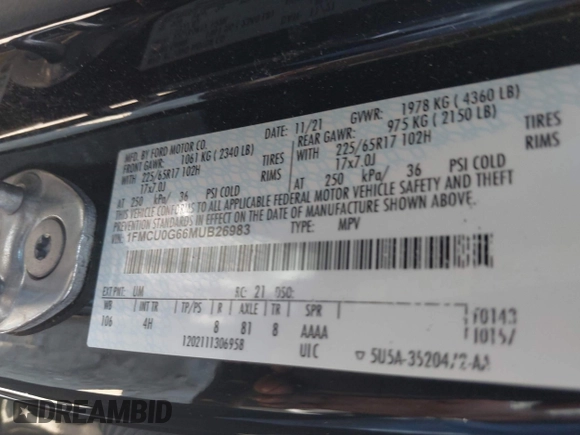 2021 Ford Escape SE z VIN 1FMCU0G66MUB26983, wystawiony jako IAAI lot #42144053 z przebiegiem 60 614 mil mil oraz . Historia ofert i sprzedaży dostępna na DreamBid. Obrazek 9.