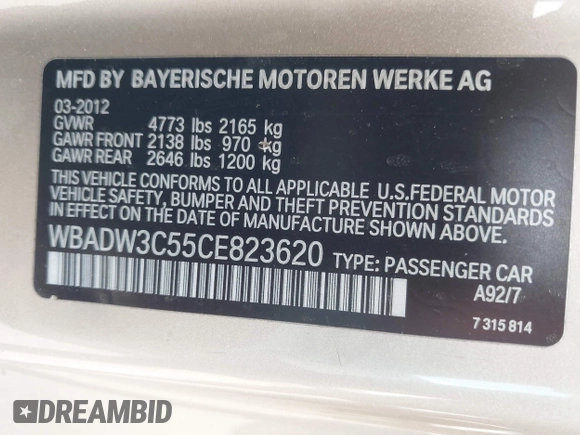 2012 BMW 3 Series 328i with VIN WBADW3C55CE823620, listed as a IAAI auction lot 42546738 with 104,400 mi miles and . Bid and sale history available at DreamBid. Image 9.