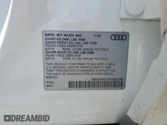 2023 Audi Q5 S line Premium Plus with VIN WA1EAAFY5P2062766, listed as a Copart auction lot 60162975 with 35,886 mi miles and Salvage title. Bid and sale history available at DreamBid. Image 13.