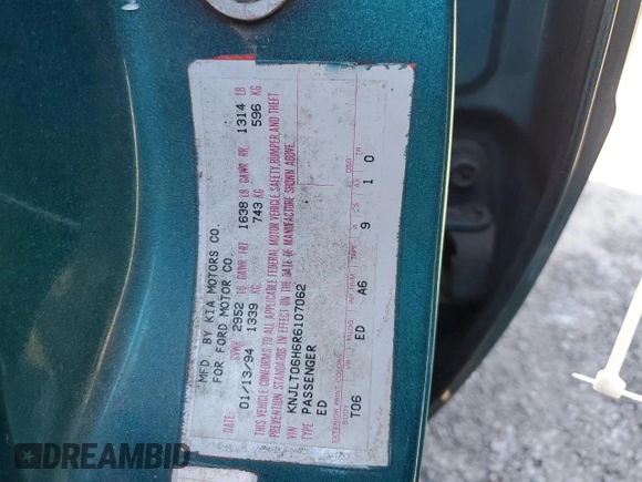 1994 Ford Aspire z VIN KNJLT06H6R6107062, wystawiony jako Copart lot #42765995 z przebiegiem Nie podano mil oraz Szkody całkowita. Historia ofert i sprzedaży dostępna na DreamBid. Obrazek 13.