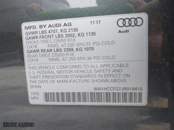 2018 Audi Q3 Premium Plus with VIN WA1HCCFS7JR019415, listed as a IAAI auction lot 41709593 with 59,445 mi miles. Bid and sale history available at carsss.com. Image 9.