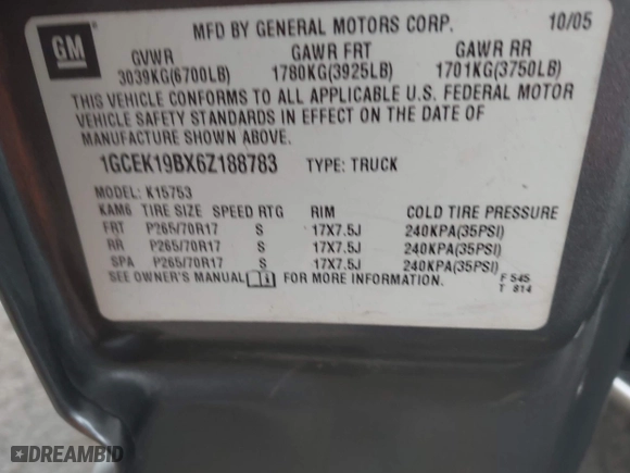 2006 Chevrolet Silverado 1500 LT2 with VIN 1GCEK19BX6Z188783, listed as a IAAI auction lot 41635021 with 238,312 mi miles. Bid and sale history available at carsss.com. Image 9.