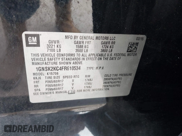 2015 Chevrolet Tahoe with VIN 1GNSK2KC4FR610534, listed as a IAAI auction lot 42357319 with 140,479 mi miles and . Bid and sale history available at DreamBid. Image 9.