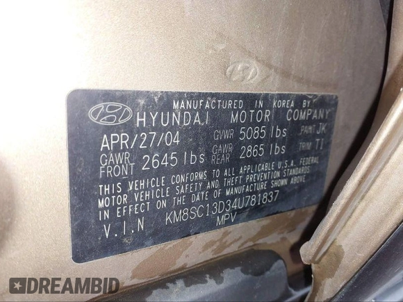 2004 Hyundai Santa Fe GLS with VIN KM8SC13D34U781837, listed as a IAAI auction lot 40452732 with 223,991 mi miles. Bid and sale history available at carsss.com. Image 9.