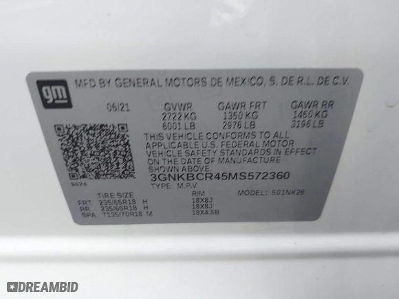 2021 Chevrolet Blazer LT with VIN 3GNKBCR45MS572360, listed as a IAAI auction lot 41468460 with 59,806 mi miles. Bid and sale history available at carsss.com. Image 9.
