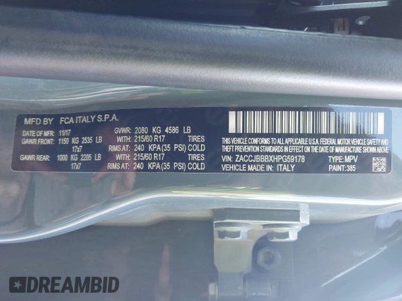 2017 Jeep Renegade Altitude with VIN ZACCJBBBXHPG59178, listed as a IAAI auction lot 41962497 with 126,062 mi miles and . Bid and sale history available at DreamBid. Image 9.
