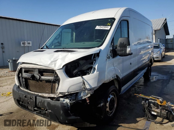 2021 Ford Transit Cargo with VIN 1FTBR1C84MKA29405, listed as a Copart auction lot 77642004 with 144,624 mi miles and Salvage Title. Bid and sale history available at DreamBid. Image 1.