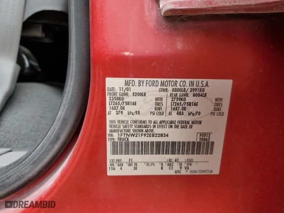 2002 Ford Super Duty F-250 XL with VIN 1FTNW21F92EB22834, listed as a Copart auction lot 46850875 with 156,769 mi miles and Salvage Title. Bid and sale history available at carsss.com. Image 12.